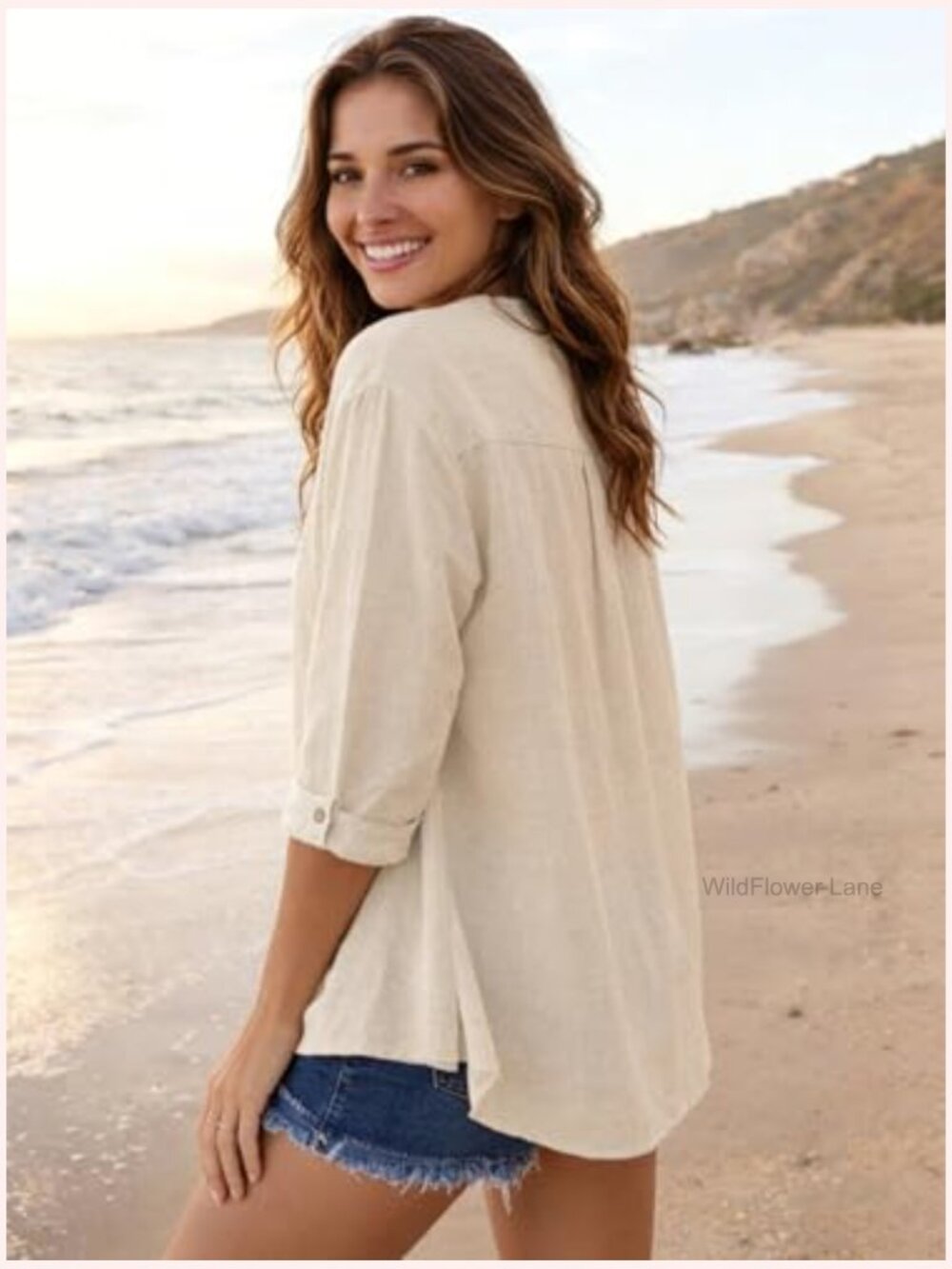 Womens Linen Button Down Shirt 3/4 Sleeve Tunic Blouse - Picture 3 of 4